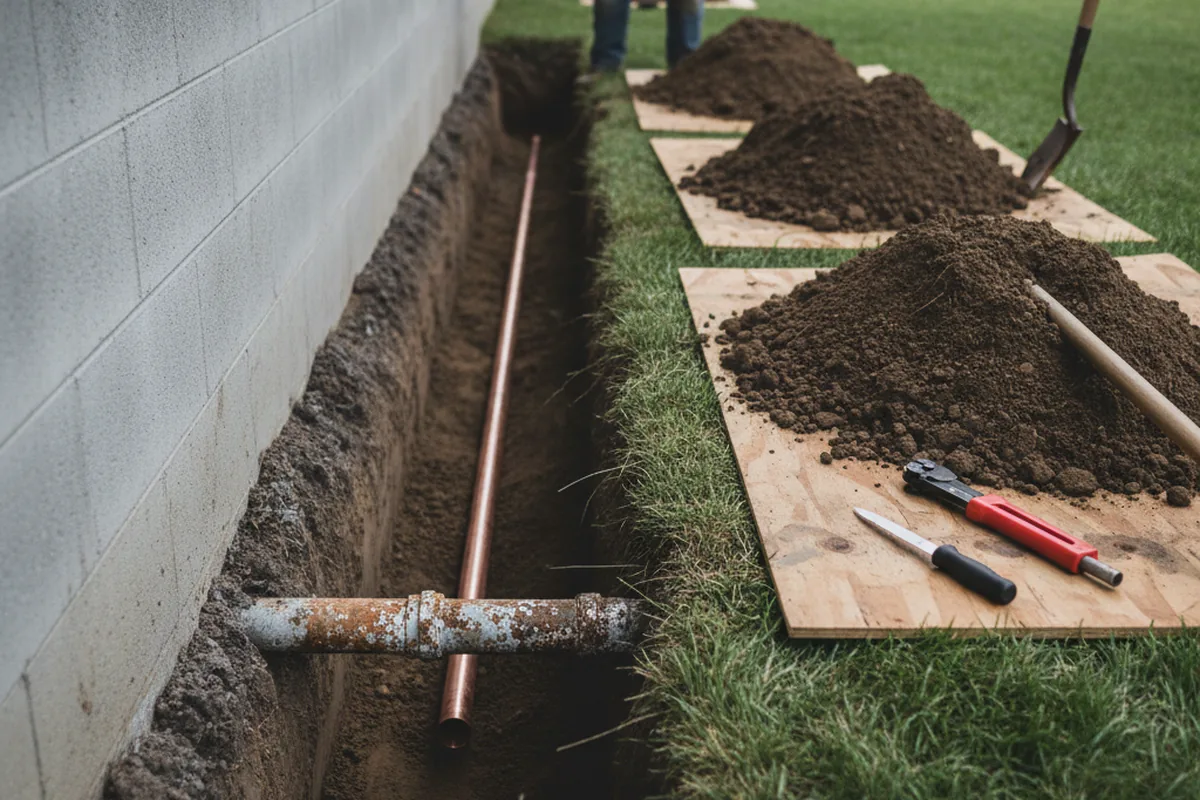 Excavated water line trench during Sewer Line Repair in Quinlan